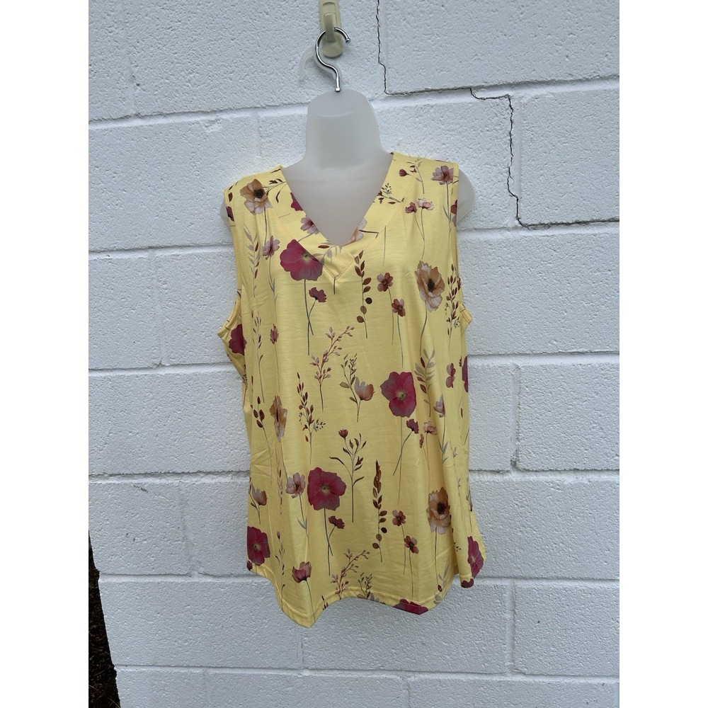 Yellow Floral Tank Top V Neck Women Size XXL Chest 46" Length 28"NET Summer